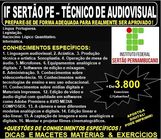 Apostila IF SERTÃO PE - TÉCNICO de AUDIOVISUAL - Teoria + 3.800 Exercícios - Concurso 2019