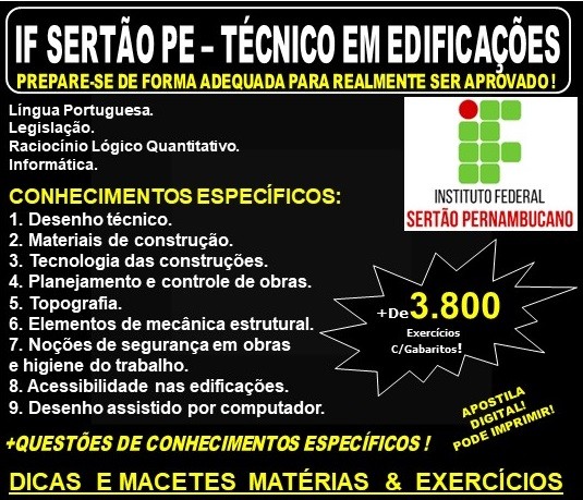Apostila IF SERTÃO PE - TÉCNICO em EDIFICAÇÕES - Teoria + 3.800 Exercícios - Concurso 2019