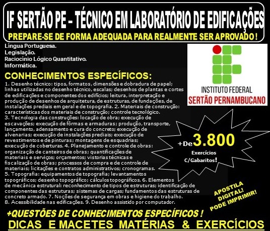 Apostila IF SERTÃO PE - TÉCNICO em LABORATÓRIO de EDIFICAÇÕES - Teoria + 3.800 Exercícios - Concurso 2019