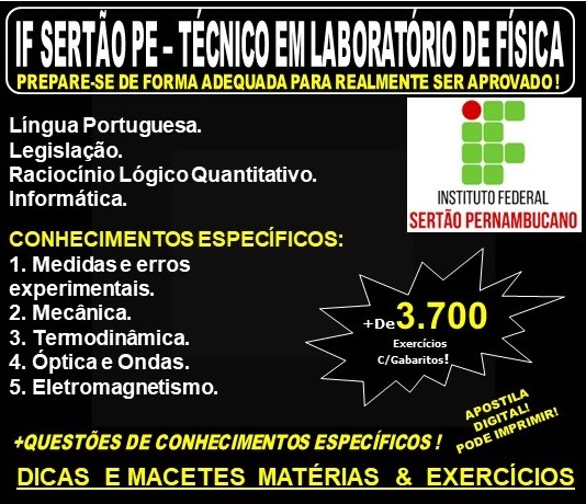 Apostila IF SERTÃO PE - TÉCNICO em LABORATÓRIO de FÍSICA  - Teoria + 3.700 Exercícios - Concurso 2019