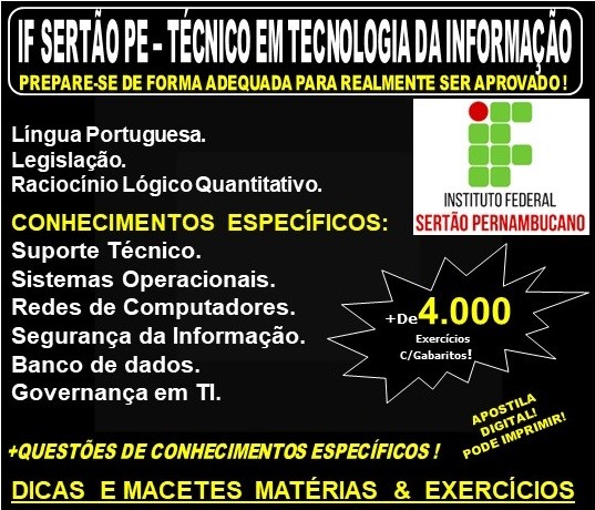 Apostila IF SERTÃO PE - TÉCNICO em TECNOLOGIA da INFORMAÇÃO  - Teoria + 4.000 Exercícios - Concurso 2019