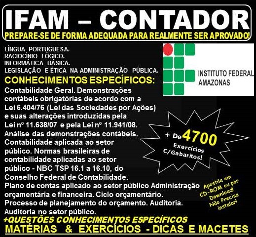 Apostila IFAM - CONTADOR - Teoria + 4.700 Exercícios - Concurso 2019