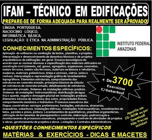 Apostila IFAM - TÉCNICO em EDIFICAÇÕES - Teoria + 3.700 Exercícios - Concurso 2019