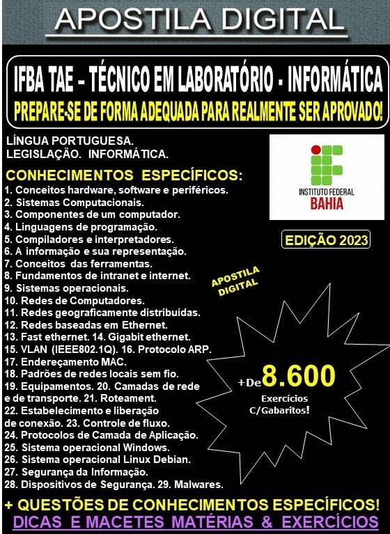 Apostila IFBA TAE - Técnico em Laboratório - INFORMÁTICA - Teoria + 8.600 Exercícios - Concurso 2023