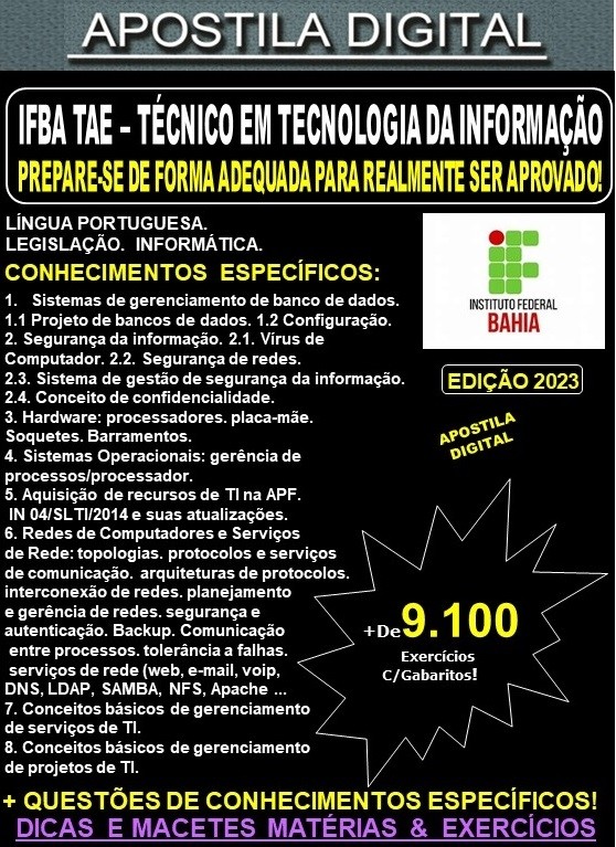 Apostila IFBA TAE - TÉCNICO de TECNOLOGIA da INFORMAÇÃO - Teoria + 9.100 Exercícios - Concurso 2023