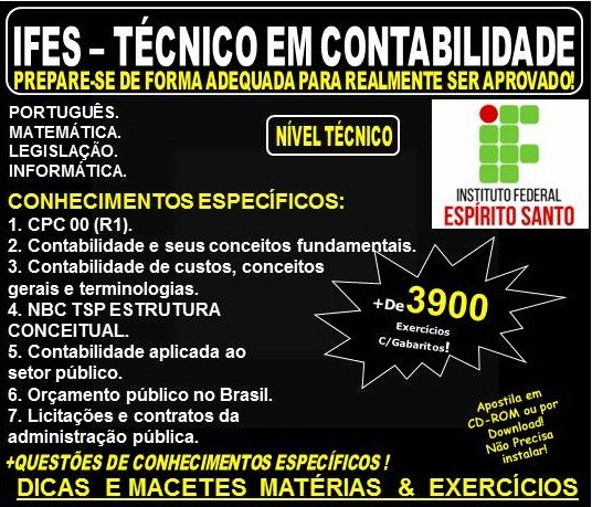 Apostila IFES - TÉCNICO em CONTABILIDADE - Teoria + 3.900 Exercícios - Concurso 2022
