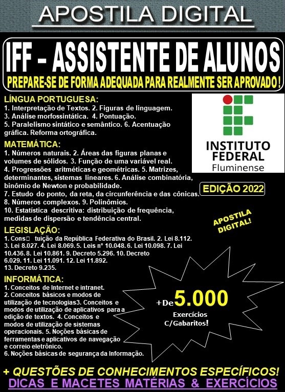 Apostila IFF - ASSISTENTE de ALUNOS - Teoria + 5.000 Exercícios - Concurso 2022