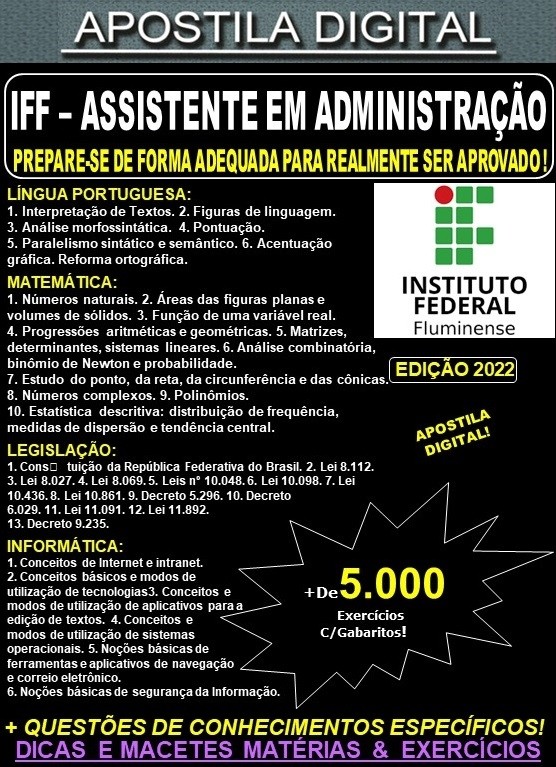Apostila IFF - ASSISTENTE em ADMINISTRAÇÃO - Teoria + 5.000 Exercícios - Concurso 2022