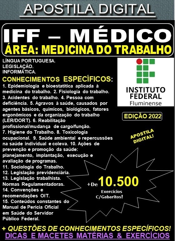 Apostila IFF - MÉDICO - Área: MEDICINA do TRABALHO - Teoria + 10.500 Exercícios - Concurso 2022