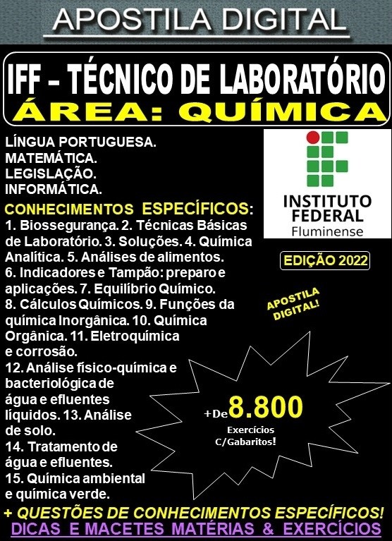 Apostila IFF - TÉCNICO de LABORATÓRIO - Área: QUÍMICA - Teoria + 8.800 Exercícios - Concurso 2022