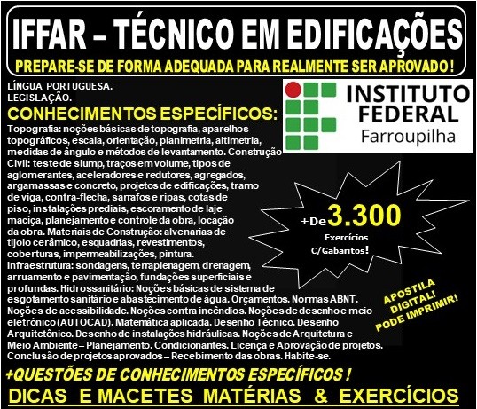 Apostila IFFAR - TÉCNICO em EDIFICAÇÕES - Teoria + 3.300 Exercícios - Concurso 2019