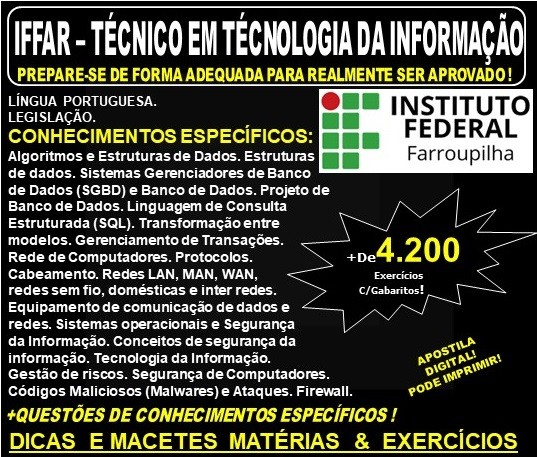 Apostila IFFAR - TÉCNICO de TECNOLOGIA da INFORMAÇÃO - Teoria + 4.200 Exercícios - Concurso 2019