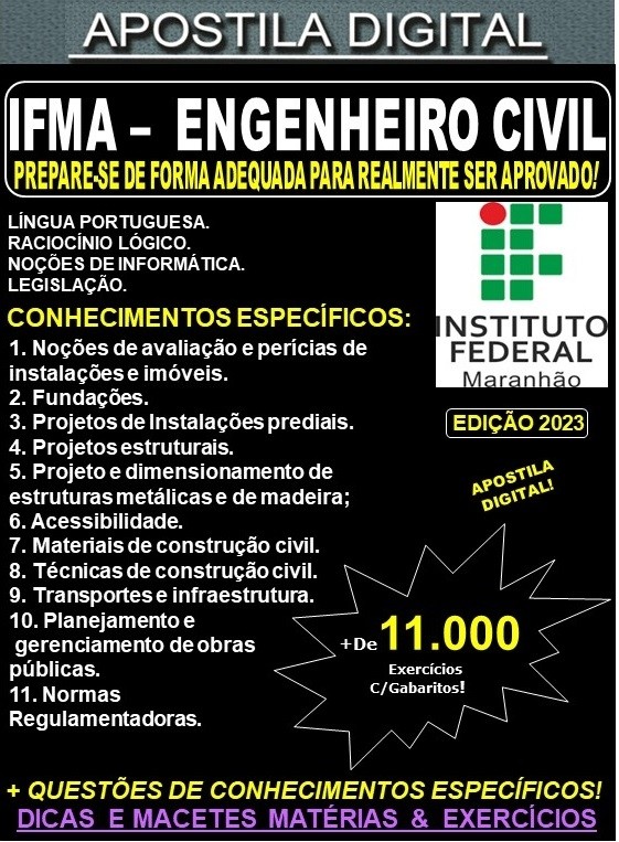 Apostila IFMA 2023  - ENGENHEIRO CIVIL - Teoria +11.000 Exercícios - Concurso 2023