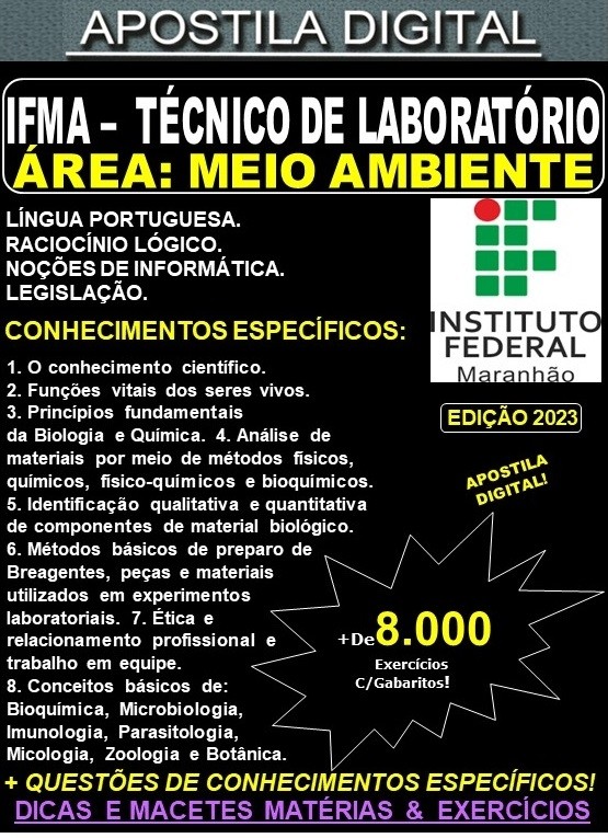 Apostila IFMA 2023  - Técnico de Laboratório - MEIO AMBIENTE - Teoria +8.000 Exercícios - Concurso 2023