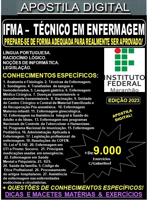 Apostila IFMA 2023  - TÉCNICO em ENFERMAGEM - Teoria +9.000 Exercícios - Concurso 2023