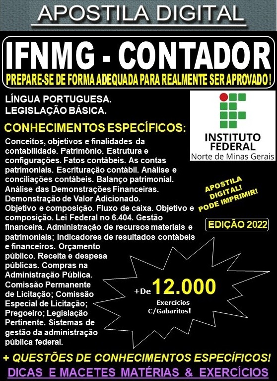 Apostila IFNMG - CONTADOR - Teoria + 12.000 Exercícios - Concurso 2022