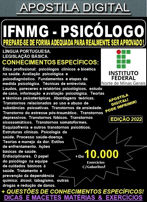 Apostila IFNMG - PSICÓLOGO - Teoria + 10.000 Exercícios - Concurso 2022