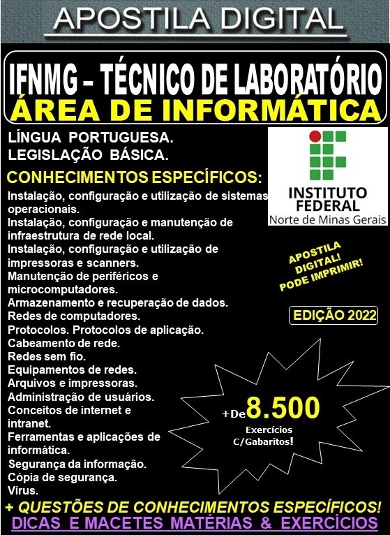 Apostila IFNMG - TÉCNICO de LABORATÓRIO Área de INFORMÁTICA - Teoria + 8.500 Exercícios - Concurso 2022
