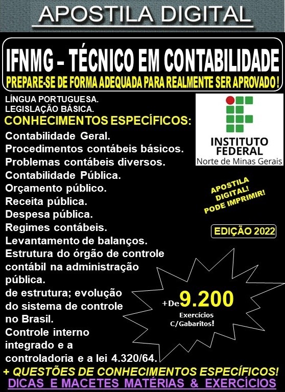 Apostila IFNMG - TÉCNICO de CONTABILIDADE - Teoria + 9.200 Exercícios - Concurso 2022