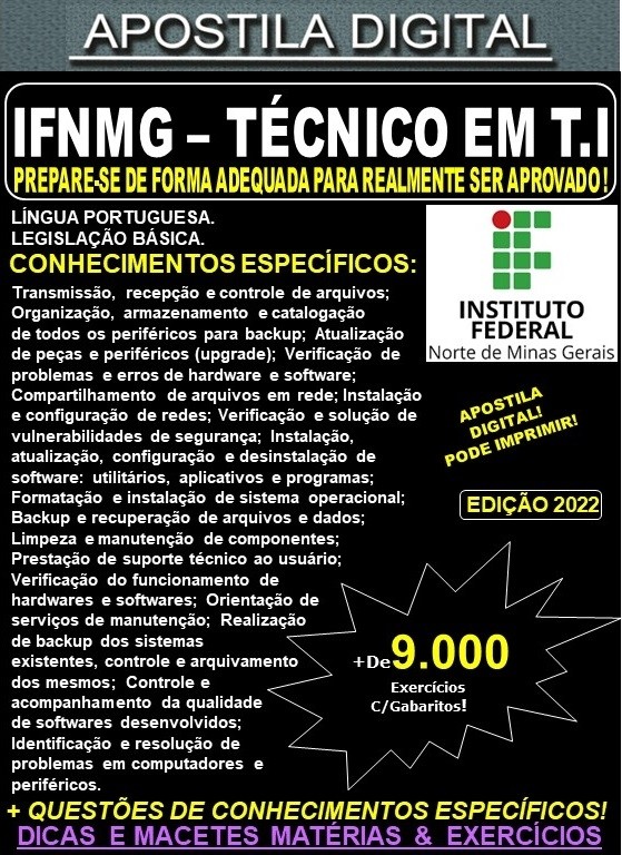 Apostila IFNMG - TÉCNICO de TECNOLOGIA da INFORMAÇÃO - Teoria + 9.000 Exercícios - Concurso 2022