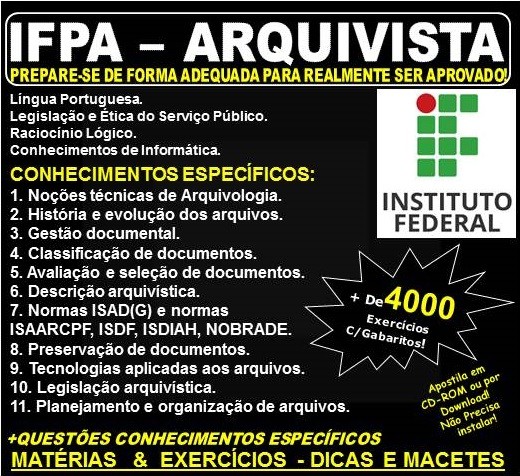 Apostila IFPA - ARQUIVISTA - Teoria + 4.000 Exercícios - Concurso 2019