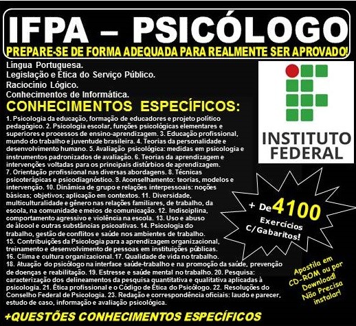 Apostila IFPA - PSICÓLOGO - Teoria + 4.100 Exercícios - Concurso 2019