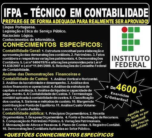 Apostila IFPA - TÉCNICO em CONTABILIDADE - Teoria + 4.600 Exercícios - Concurso 2019