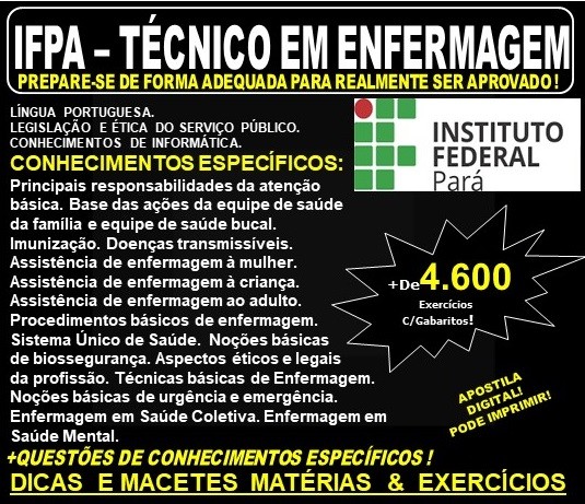 Apostila IFPA - TÉCNICO em ENFERMAGEM - Teoria + 4.600 Exercícios - Concurso 2019