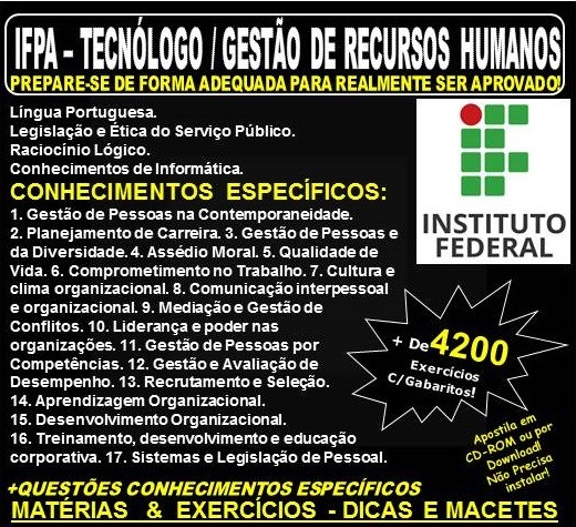 Apostila IFPA - TECNÓLOGO GESTÃO RECURSOS HUMANOS - Teoria + 4.200 Exercícios - Concurso 2019