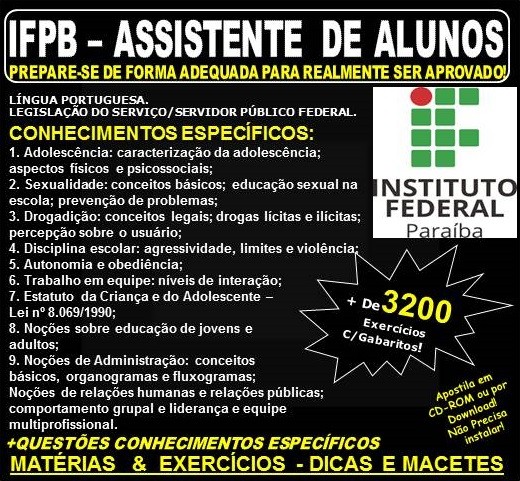 Apostila IFPB - ASSISTENTE de ALUNOS - Teoria + 3.200 Exercícios - Concurso 2019