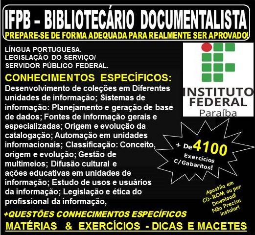 Apostila IFPB - BIBLIOTECÁRIO DOCUMENTALISTA - Teoria + 4.100 Exercícios - Concurso 2019