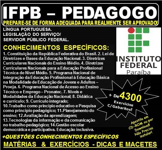 Apostila IFPB - PEDAGOGO - Teoria + 4.300 Exercícios - Concurso 2019