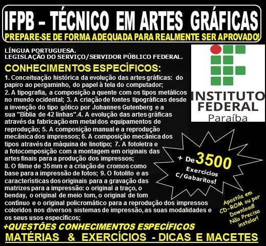 Apostila IFPB - TÉCNICO em ARTES GRÁFICAS - Teoria + 3.500 Exercícios - Concurso 2019
