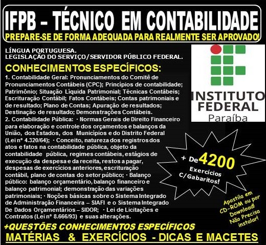 Apostila IFPB - TÉCNICO em CONTABILIDADE - Teoria + 4.200 Exercícios - Concurso 2019