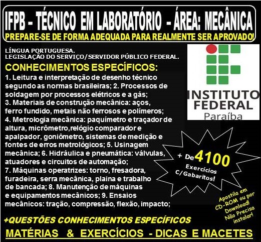 Apostila IFPB - TÉCNICO em LABORATÓRIO - Área: MECÂNICA - Teoria + 4.100 Exercícios - Concurso 2019