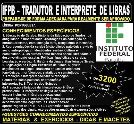 Apostila IFPB - TRADUTOR e INTERPRETE de LIBRAS - Teoria + 3.200 Exercícios - Concurso 2019