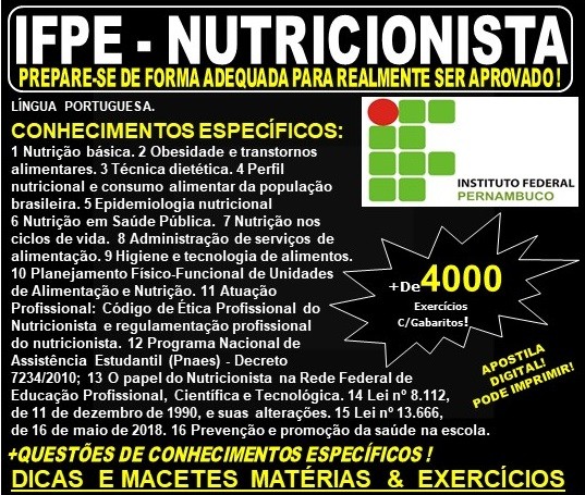 Apostila IFPE - NUTRICIONISTA - Teoria + 4.000 Exercícios - Concurso 2019