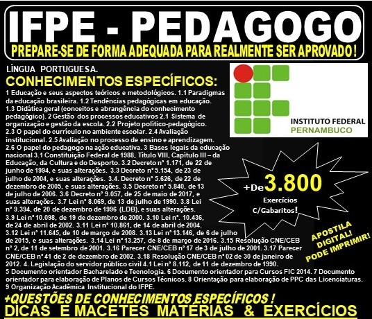 Apostila IFPE - PEDAGOGO - Teoria + 3.800 Exercícios - Concurso 2019