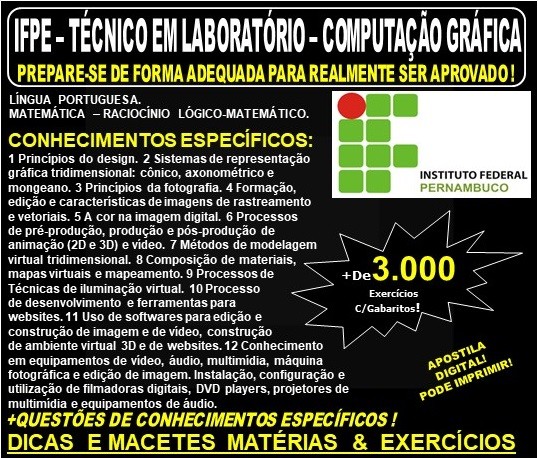 Apostila IFPE - TÉCNICO em LABORATÓRIO - Área: COMPUTAÇÃO GRÁFICA - Teoria + 3.000 Exercícios - Concurso 2019
