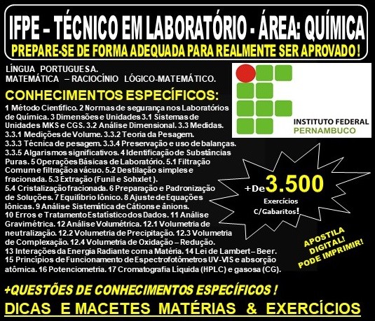 Apostila IFPE - TÉCNICO em LABORATÓRIO - Área: QUÍMICA - Teoria + 3.500 Exercícios - Concurso 2019
