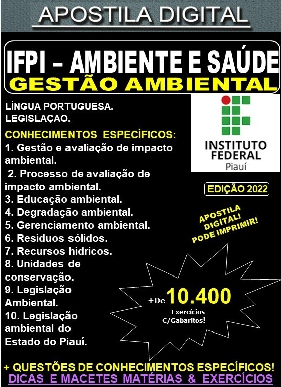 Apostila IFPI - AMBIENTE e SAÚDE - GESTÃO AMBIENTAL - Teoria + 10.400 Exercícios - Concurso 2022