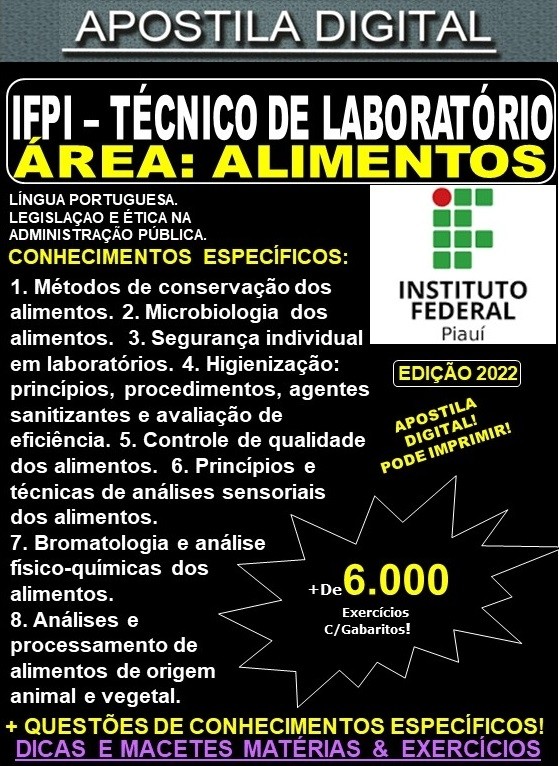 Apostila IFPI - TÉCNICO de LABORATÓRIO - Área: ALIMENTOS - Teoria + 6.000 Exercícios - Concurso 2022