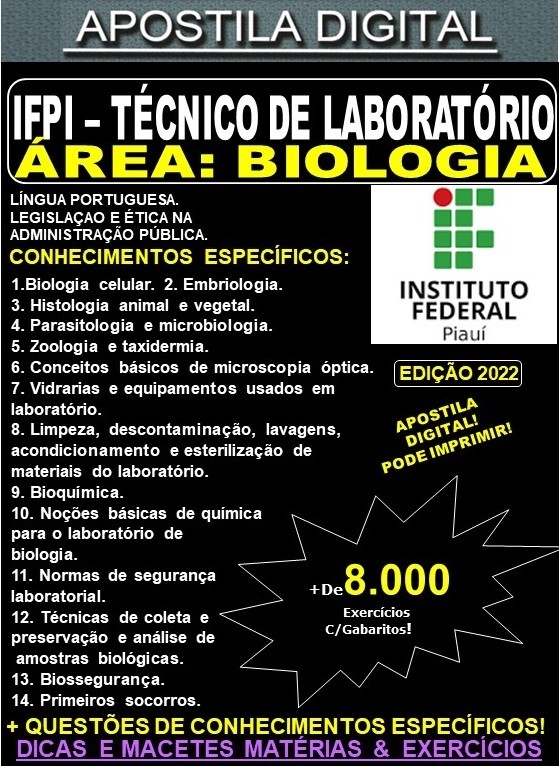 Apostila IFPI - TÉCNICO de LABORATÓRIO - Área: BIOLOGIA - Teoria + 8.000 Exercícios - Concurso 2022