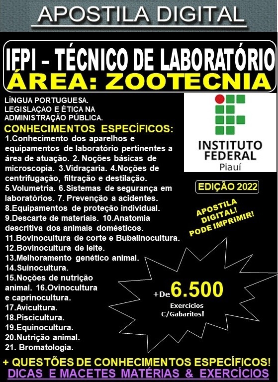 Apostila IFPI - TÉCNICO de LABORATÓRIO - Área: ZOOTECNIA - Teoria + 6.500 Exercícios - Concurso 2022