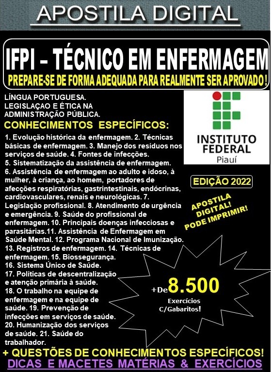 Apostila IFPI - TÉCNICO em ENFERMAGEM - Teoria + 8.500 Exercícios - Concurso 2022