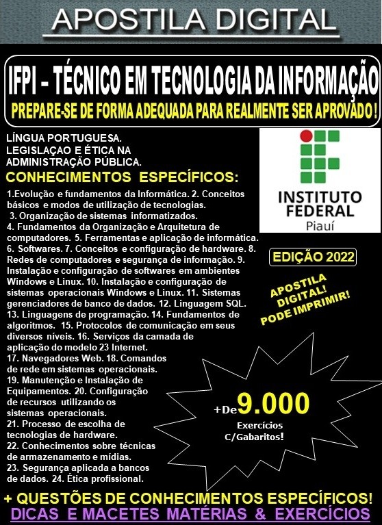 Apostila IFPI - TÉCNICO em TECNOLOGIA da INFORMAÇÃO - Teoria + 9.000 Exercícios - Concurso 2022