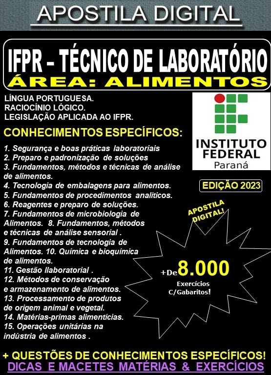 Apostila IFPR - Técnico de Laboratório - ALIMENTOS - Teoria + 8.000 Exercícios - Concurso 2023
