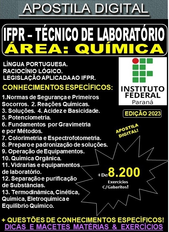Apostila IFPR - Técnico de Laboratório - QUÍMICA - Teoria + 8.200 Exercícios - Concurso 2023