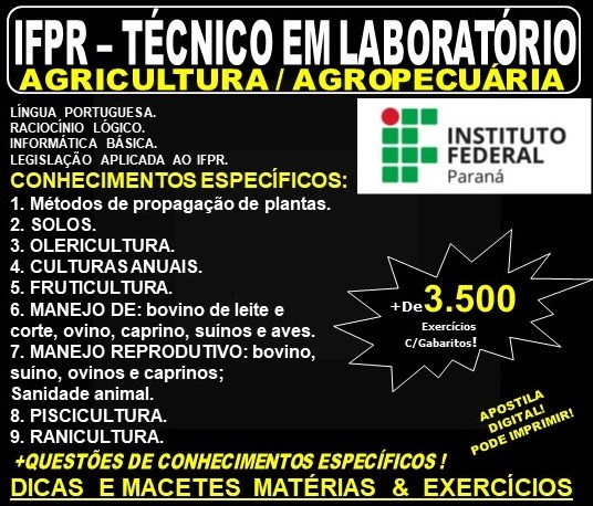 Apostila IFPR - Técnico em Laboratório - AGRICULTURA / AGROPECUÁRIA  - Teoria + 3.500 Exercícios - Concurso 2019
