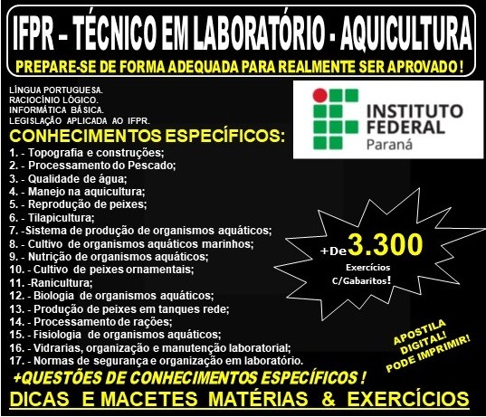 Apostila IFPR - Técnico em Laboratório - AQUICULTURA - Teoria + 3.300 Exercícios - Concurso 2019